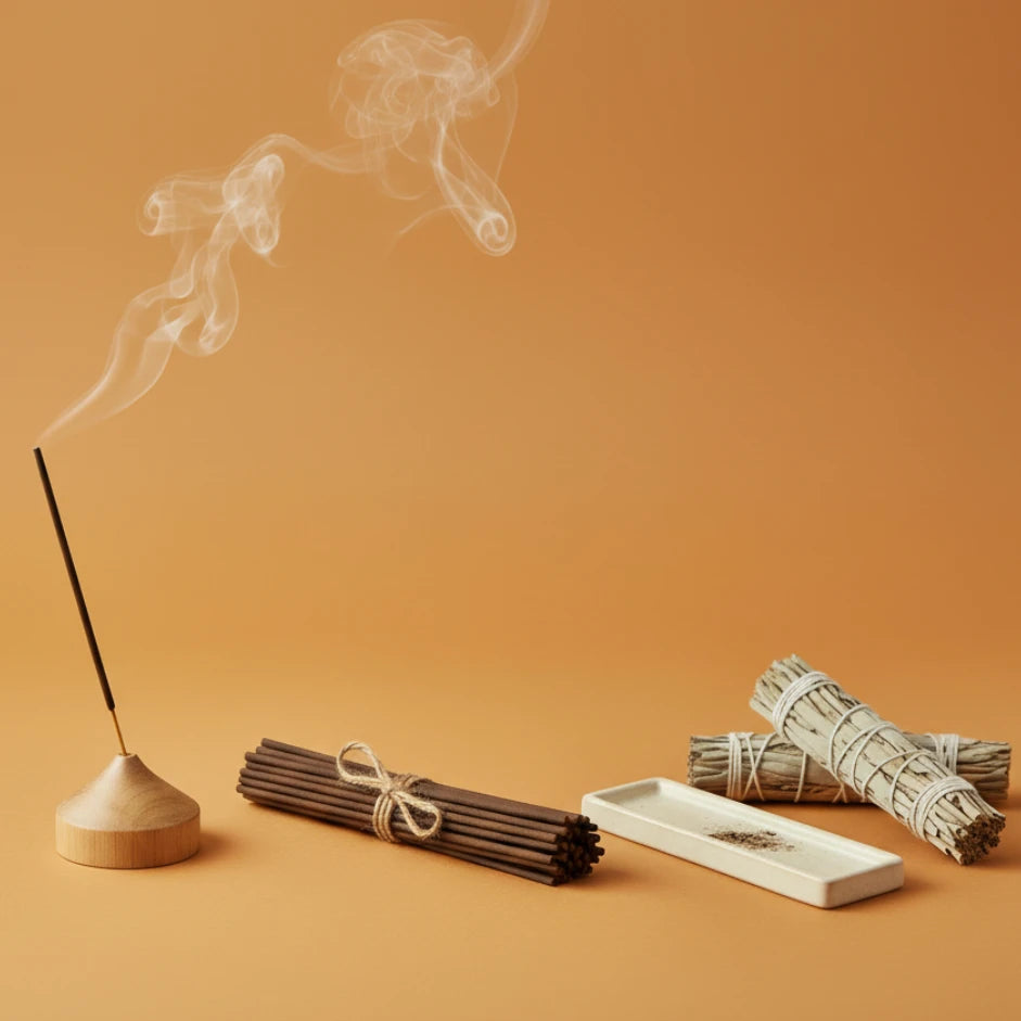 Incense sticks with smoke, wooden incense holder, and sage on an orange background