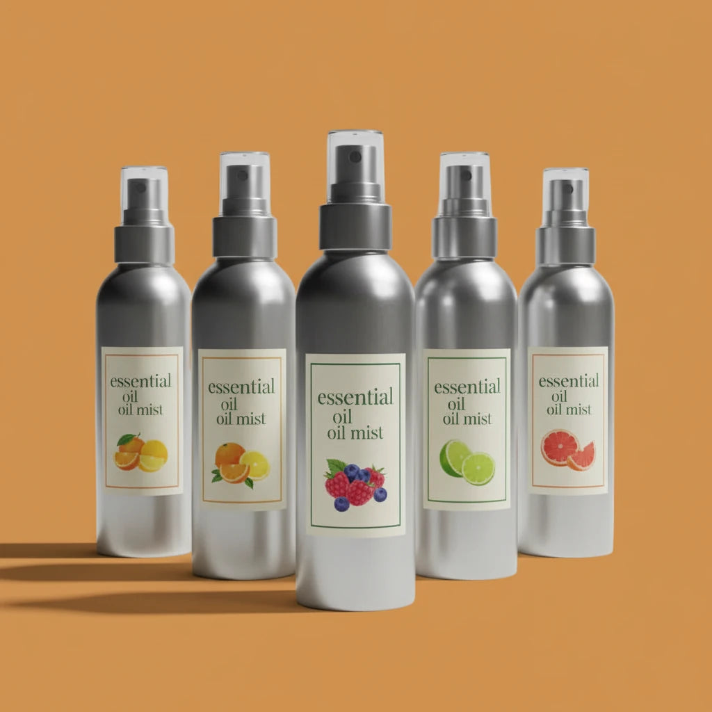 Five silver essential oil mist bottles with labeled designs on an orange background