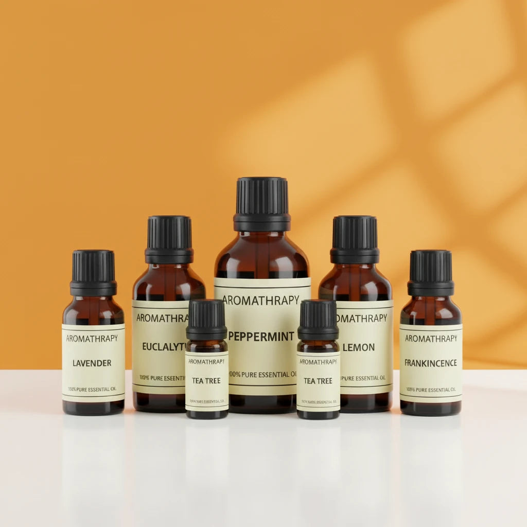Set of aromatherapy essential oil bottles on a white surface with an orange background