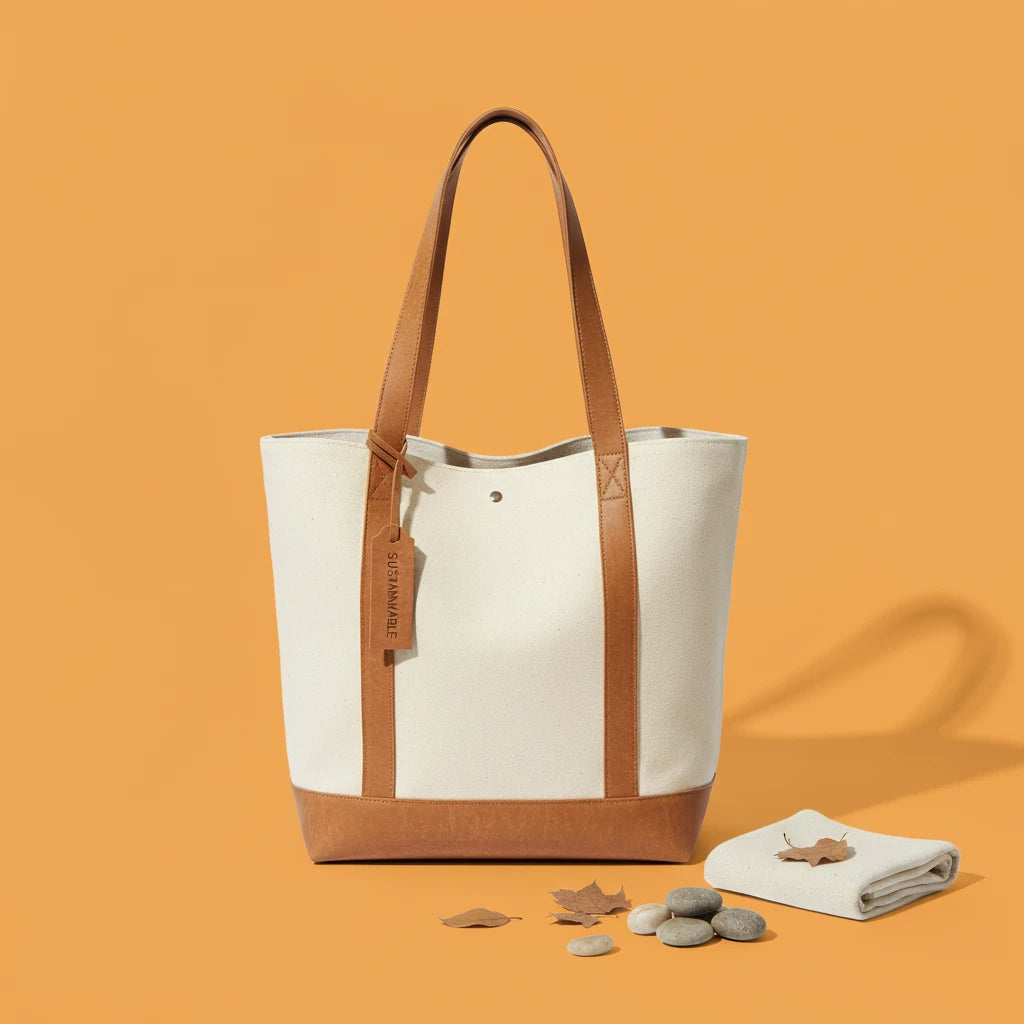 White tote bag with brown straps on an orange background