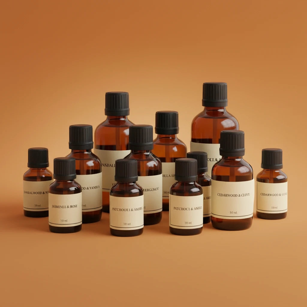 Collection of brown bottles with black caps on an orange background