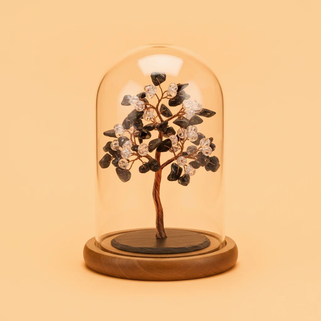 Decorative tree inside a glass dome on a beige background