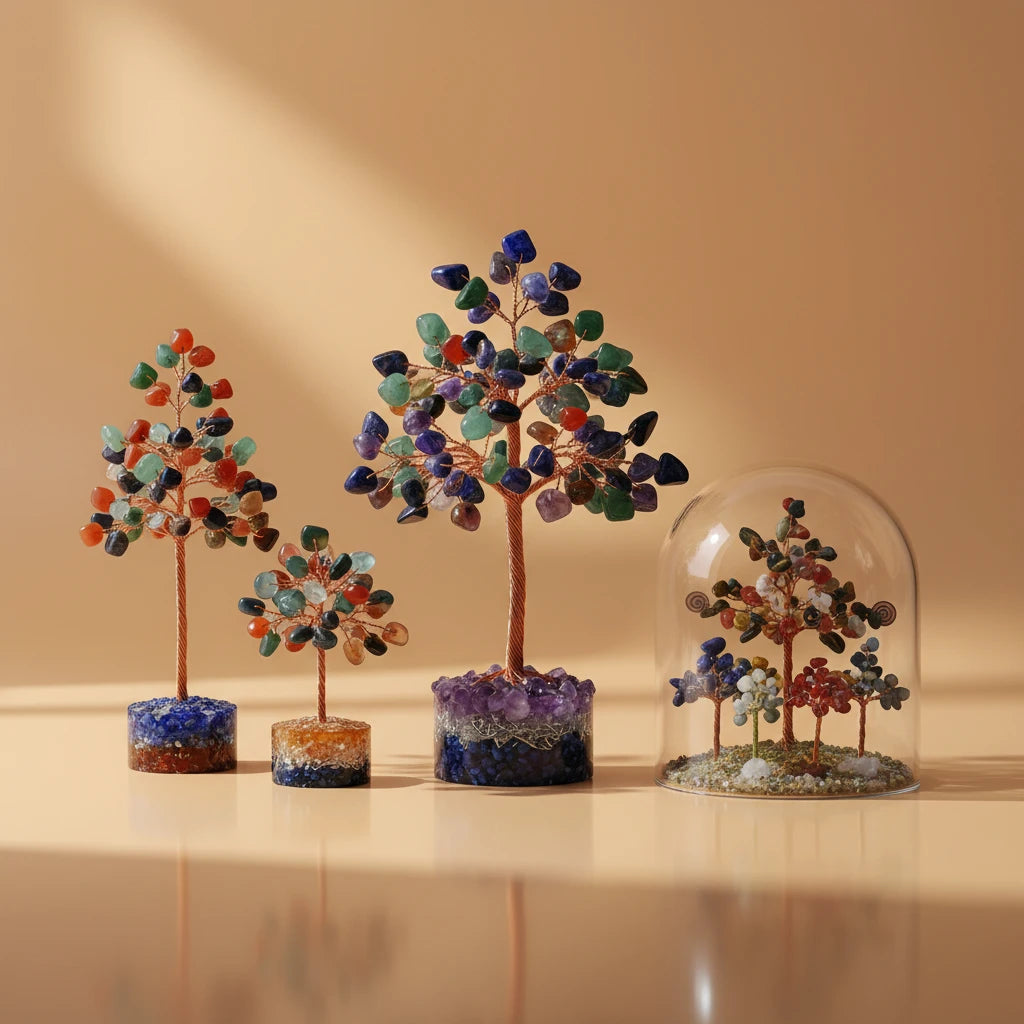 Set of decorative trees with multicolored stones on a beige background