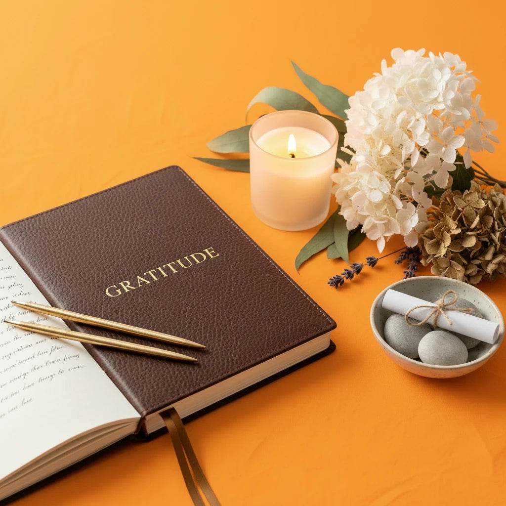 Brown 'Gratitude' journal with pen, lit candle, and flowers on an orange background