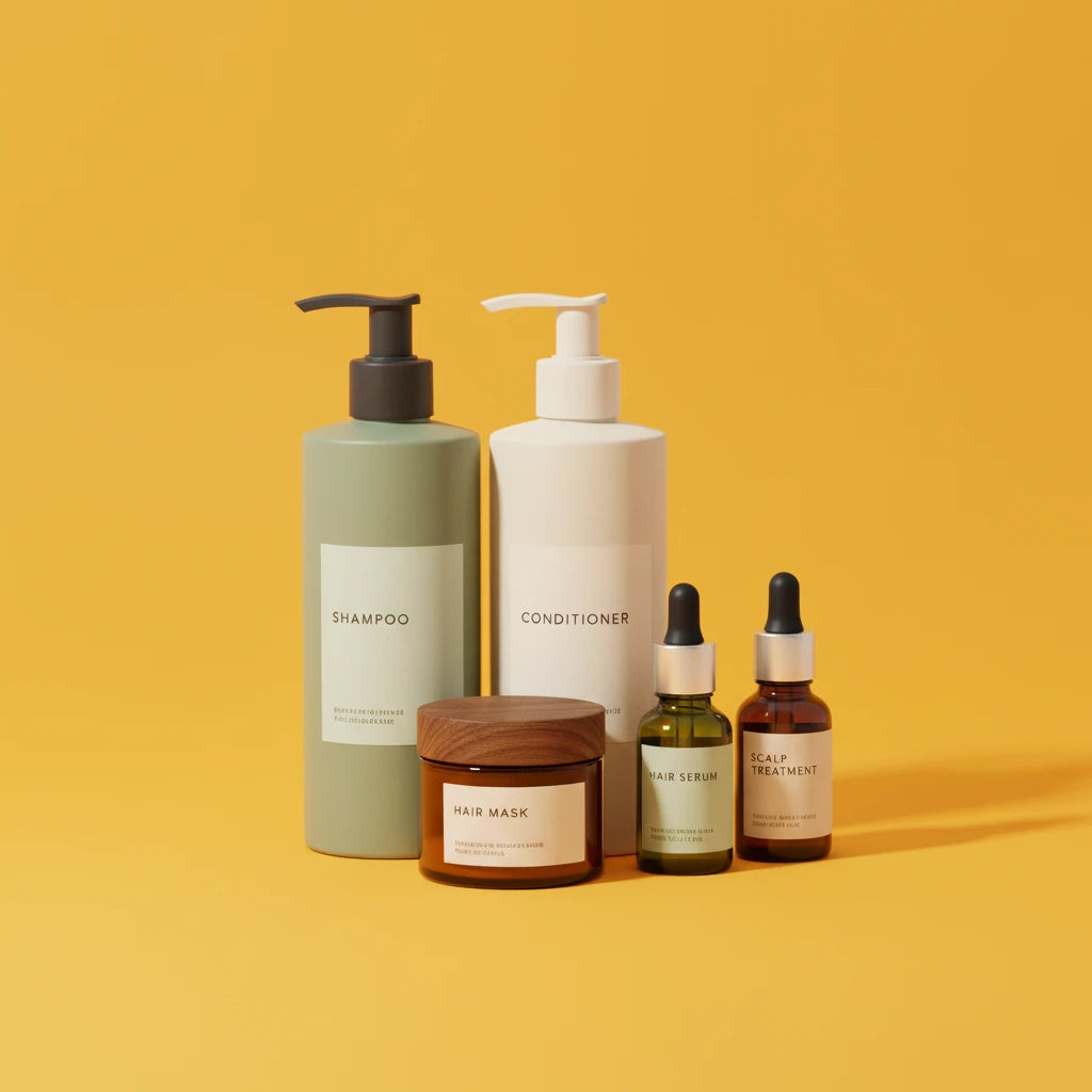 Set of hair care products including shampoo, conditioner, mask, and serums on a yellow background