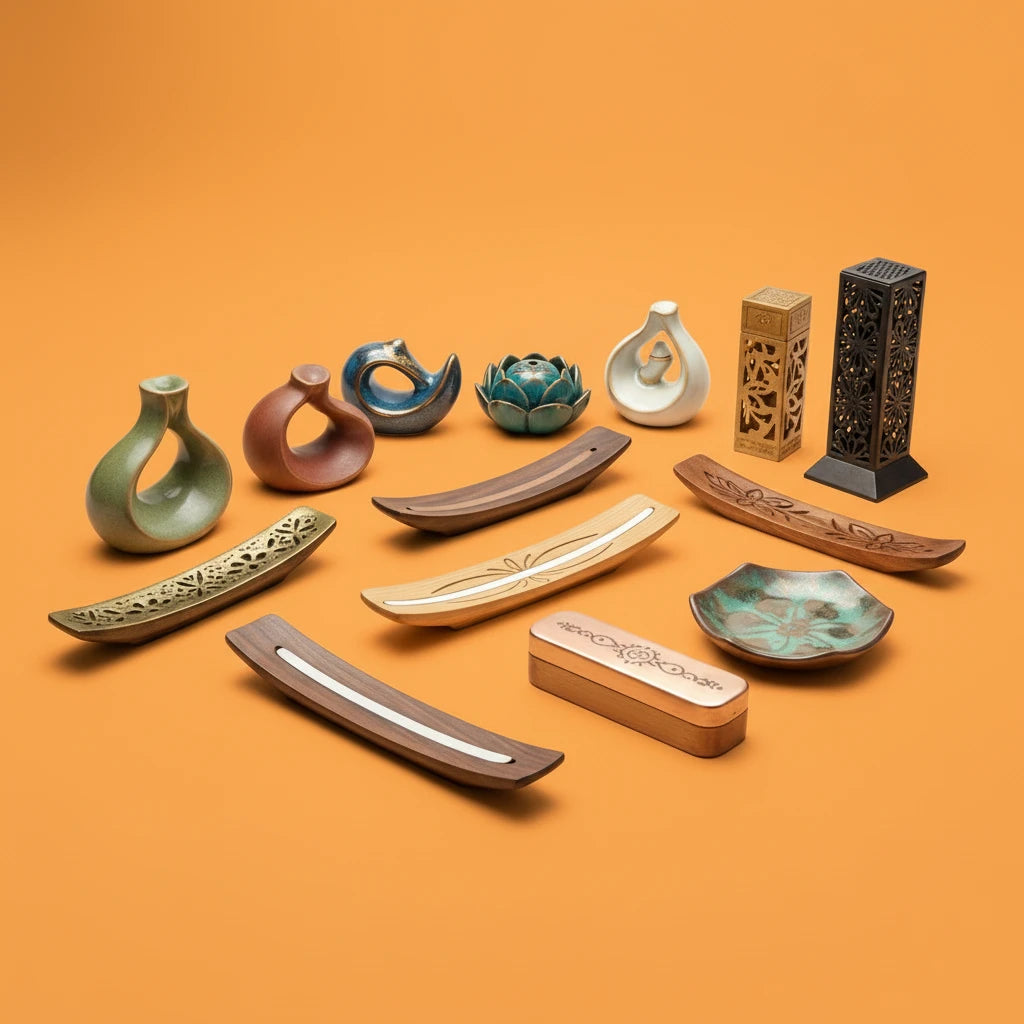 Collection of decorative ceramic items on an orange background