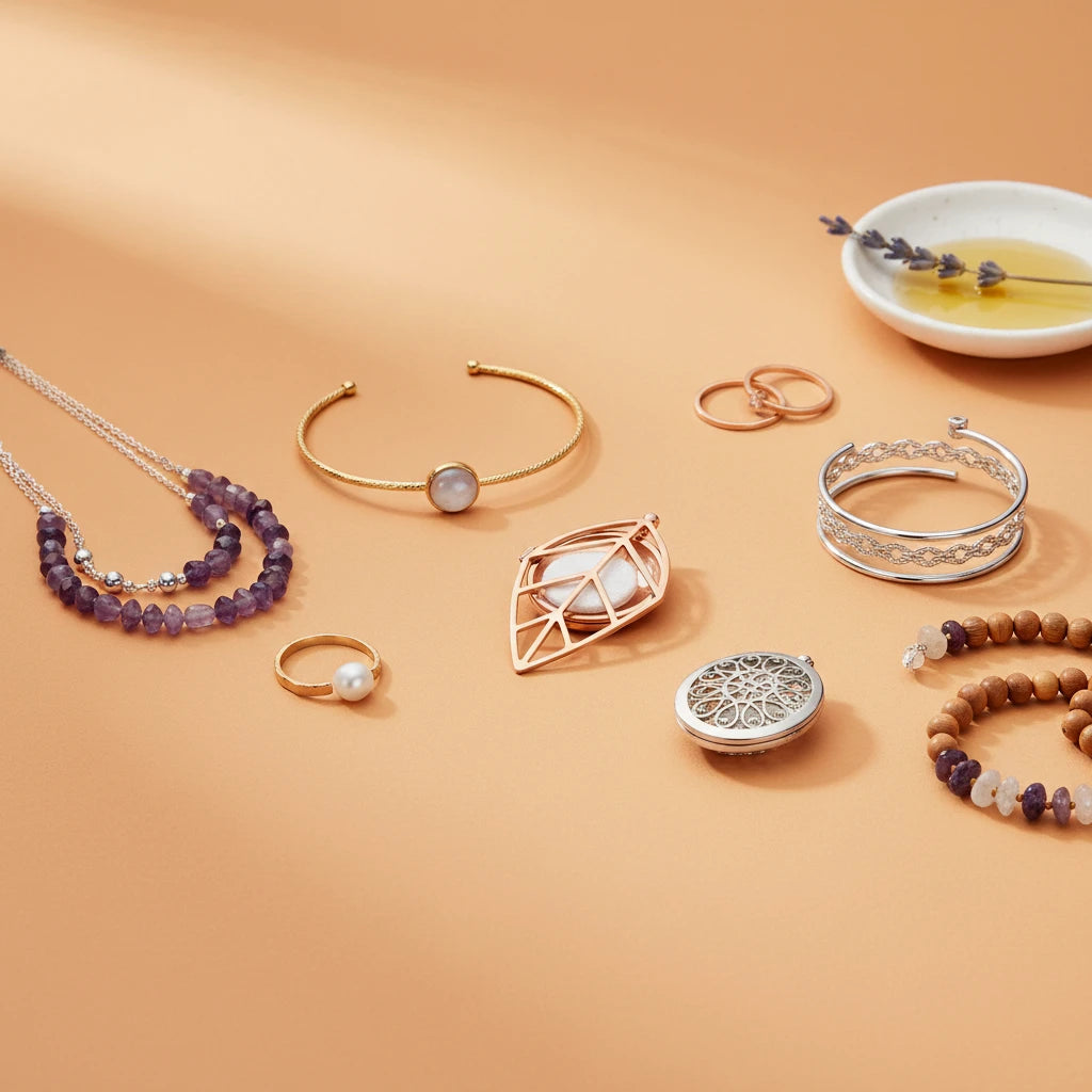 Collection of jewelry including necklaces, bracelets, and rings on a beige background.