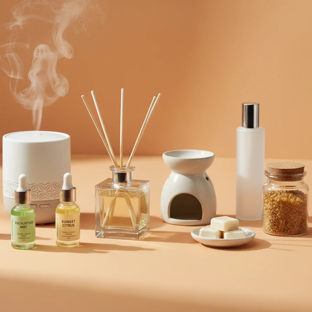 Collection of diffusers and aromatherapy products on a peach background