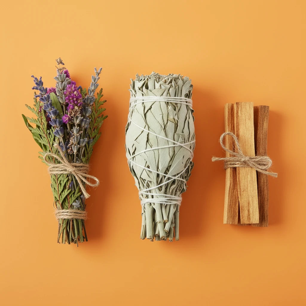 Three bundles of herbs and sticks tied together on an orange background