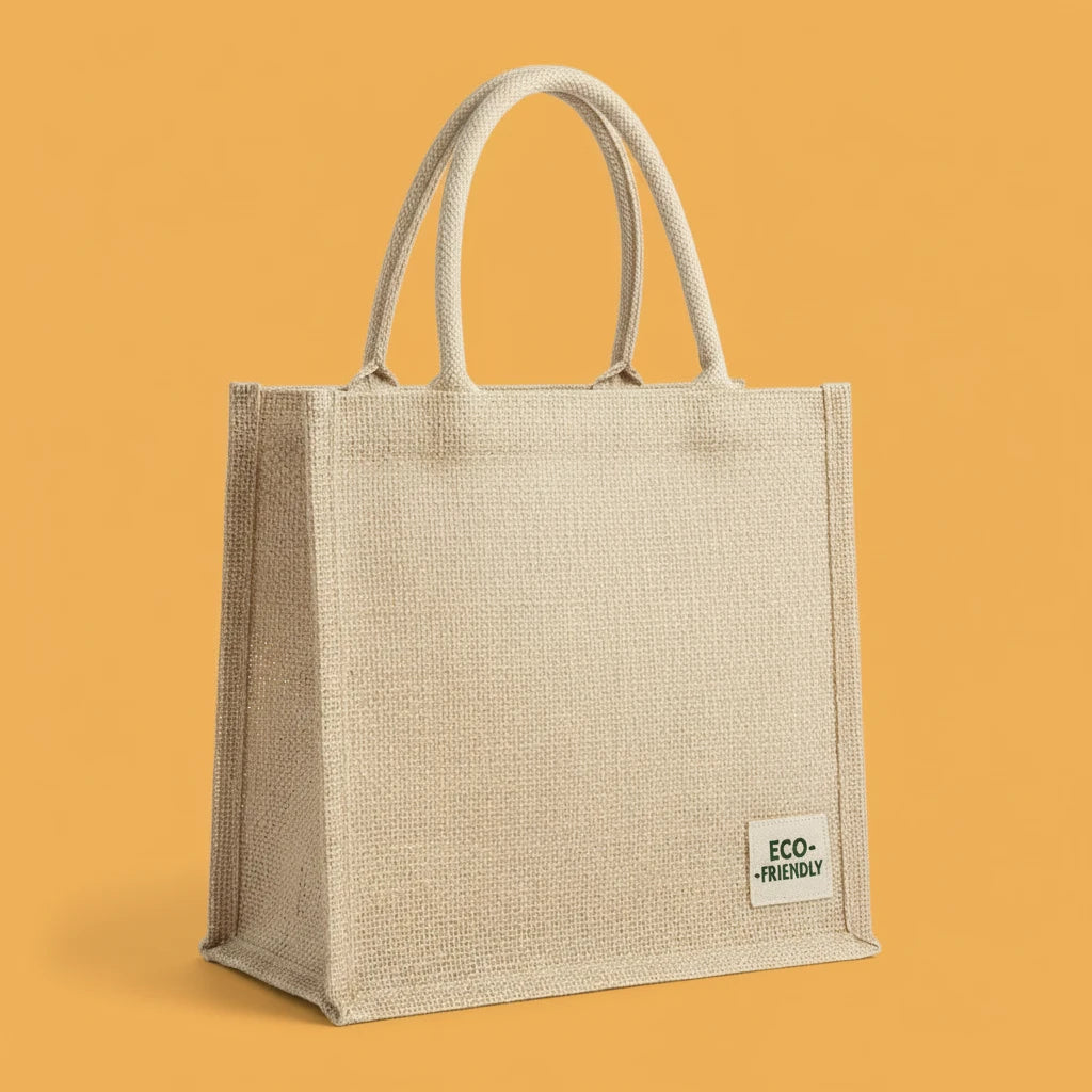 Beige jute bag with 'Eco-Friendly' label on an orange background