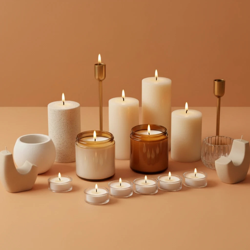 Assorted candles in various containers on a beige background
