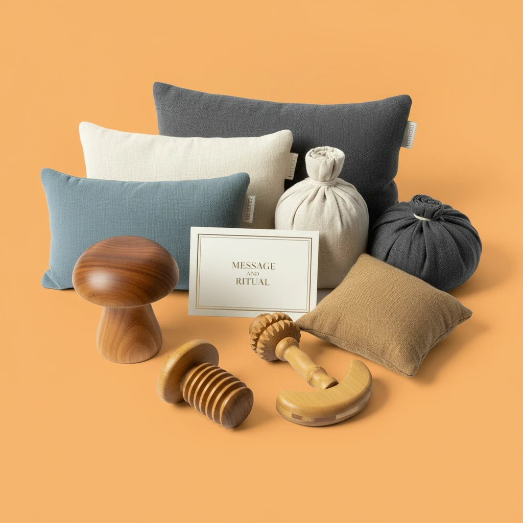 Collection of pillows, bags, and wooden tools on an orange background with a card labeled 'Message and Ritual'.