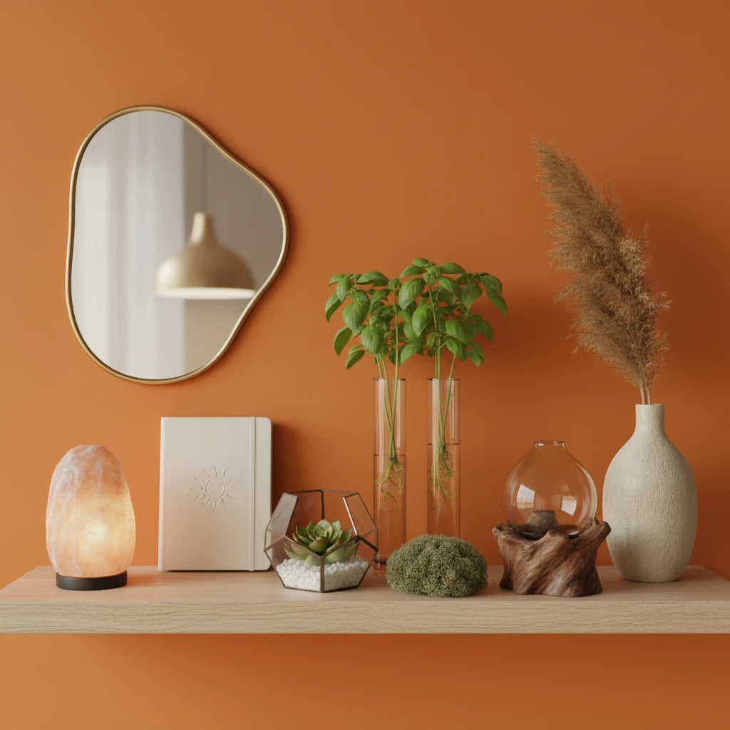 Decorative shelf with a mirror, plants, and decorative items against an orange wall.