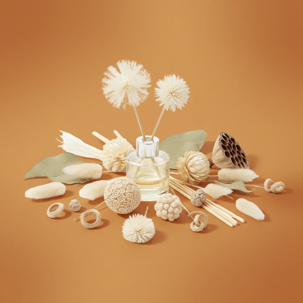 Decorative diffuser with flowers and natural elements on a brown background