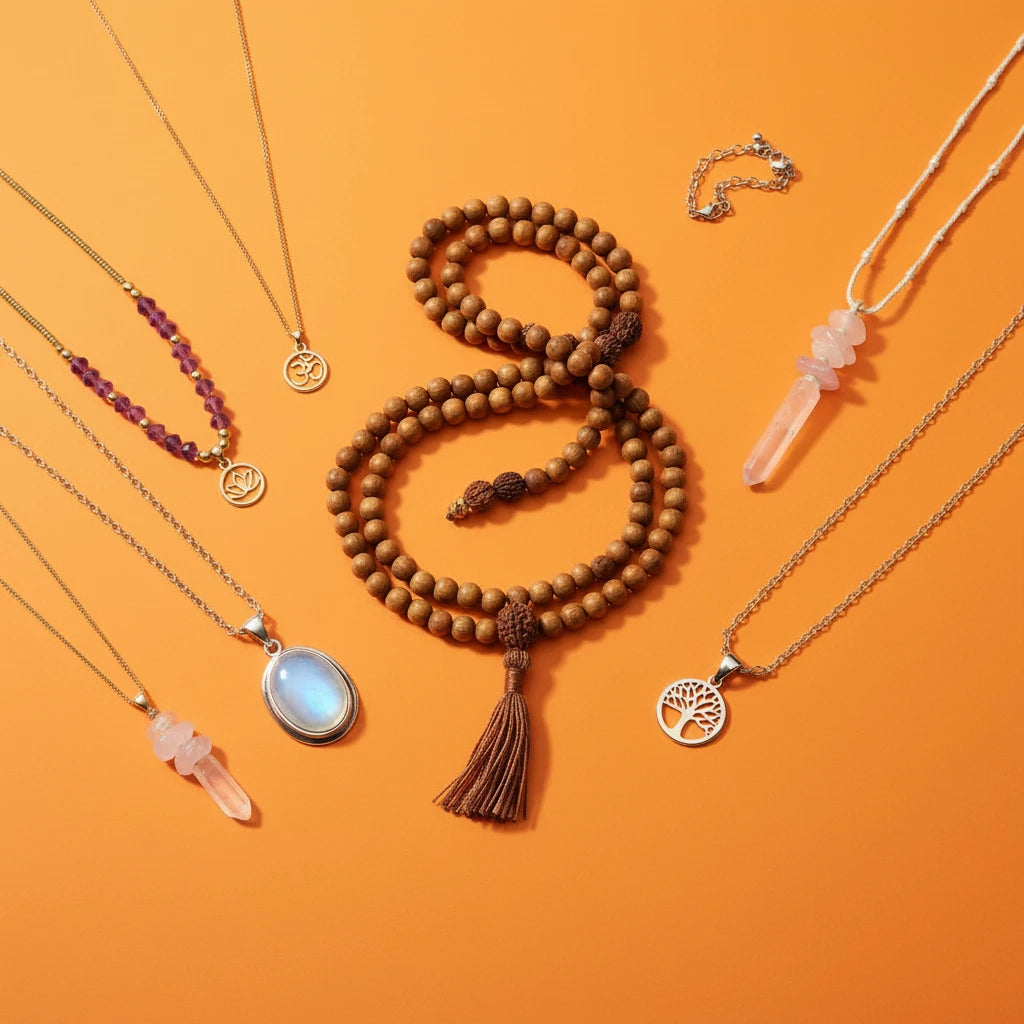 Collection of various necklaces on an orange background
