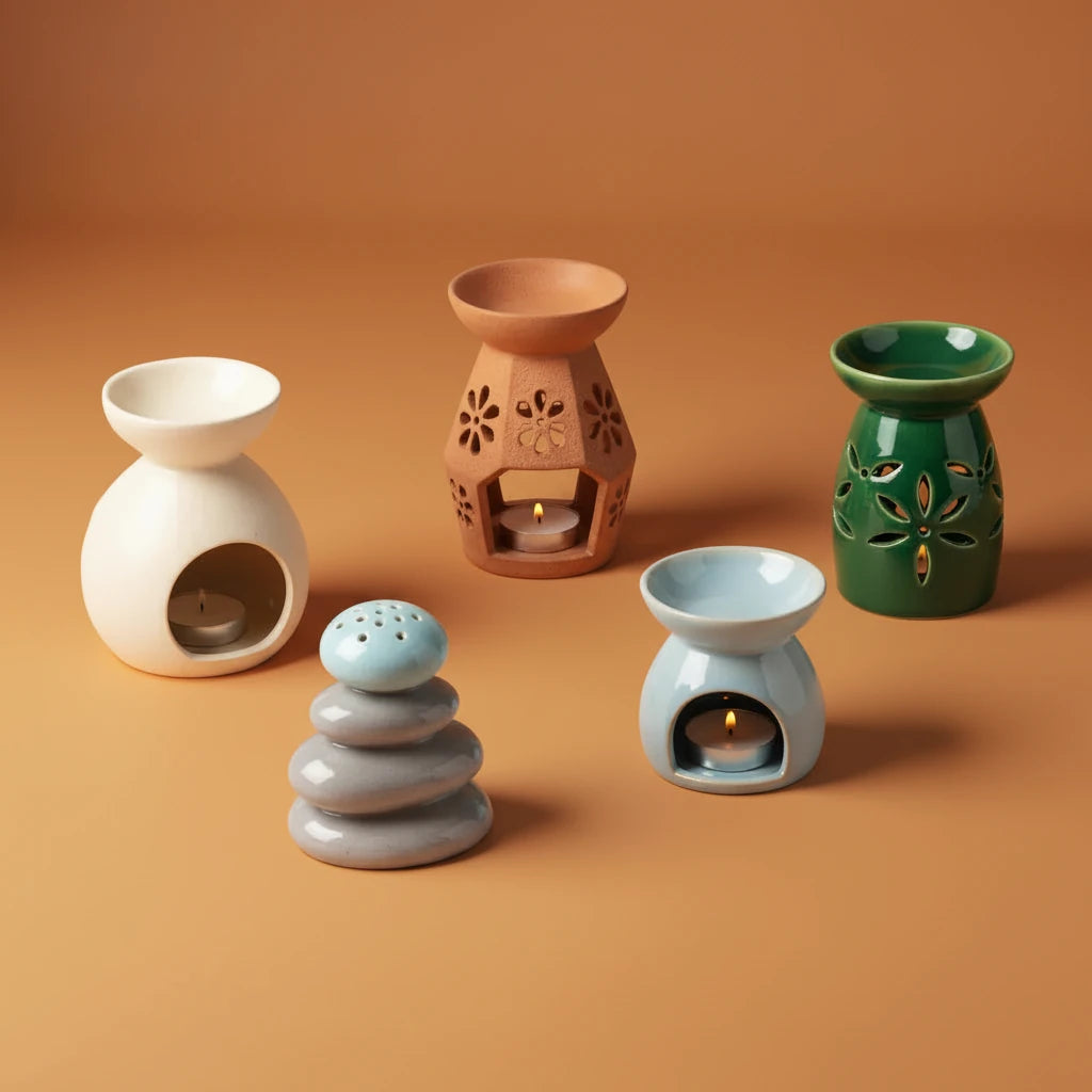 Set of five ceramic oil burners on a brown background