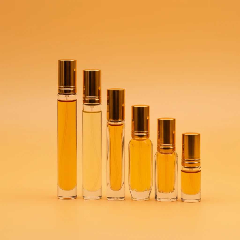 Set of six perfume bottles with gold caps on an orange background