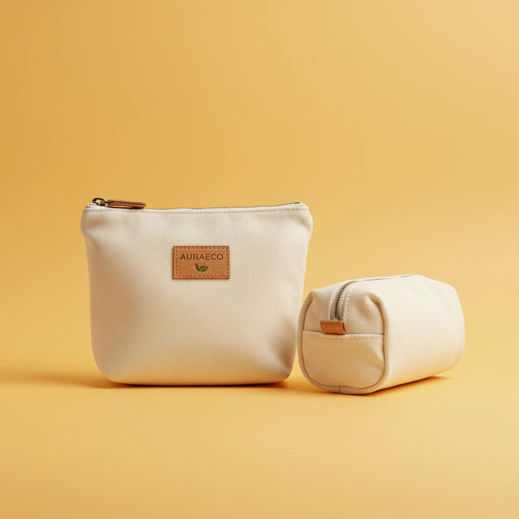Two beige pouches with a visible brand logo on a yellow background