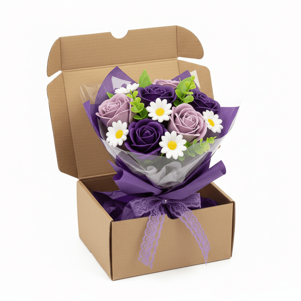 Boxed Hand Soap Flower Bouquet - PurpleSoap Flower BouquetsHeart Notes