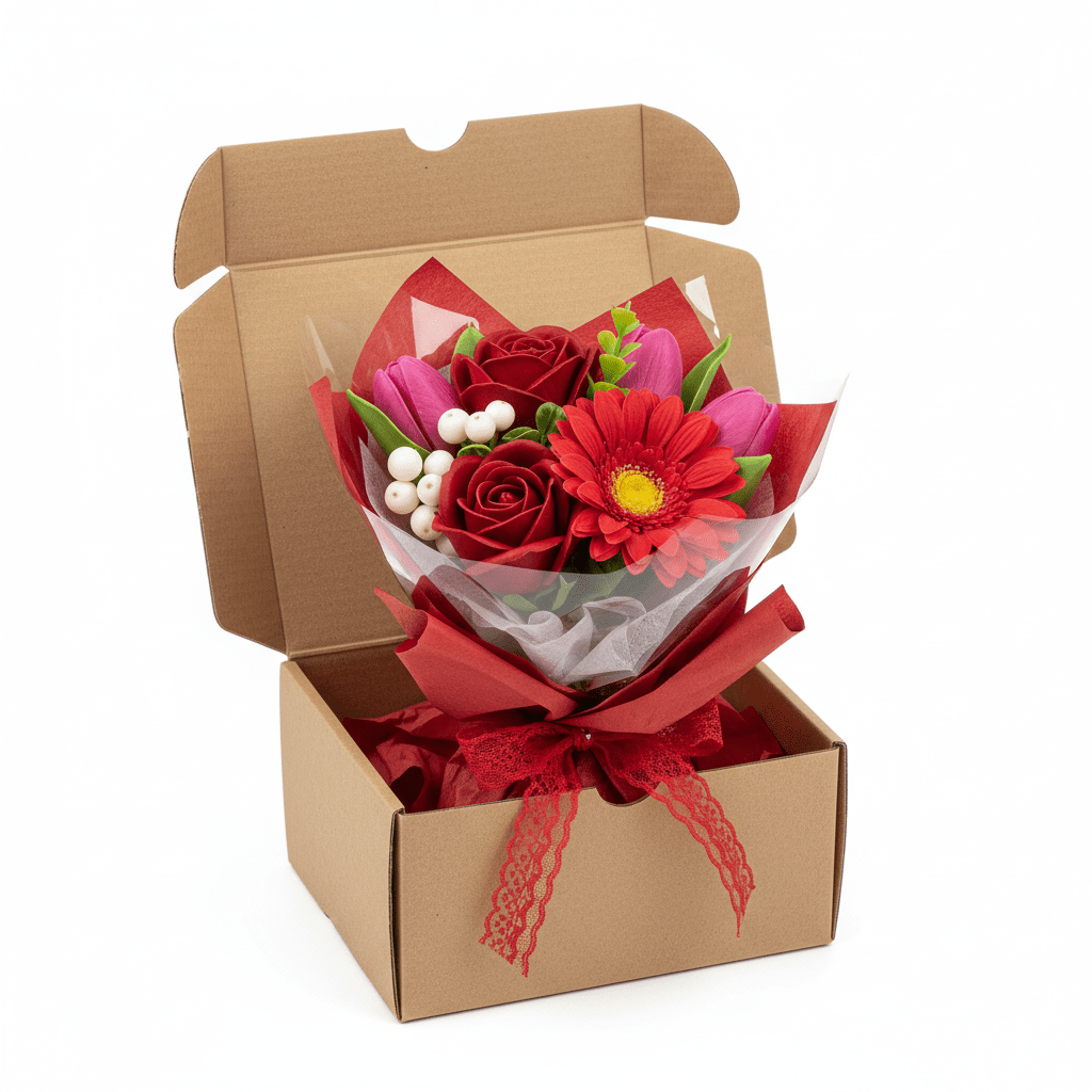 Boxed Hand Soap Flower Bouquet - RedSoap Flower BouquetsHeart Notes