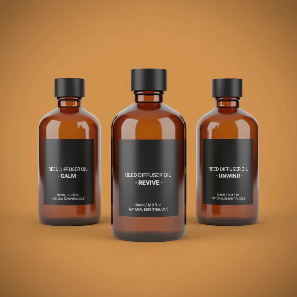 Three amber glass bottles with black labels on an orange background