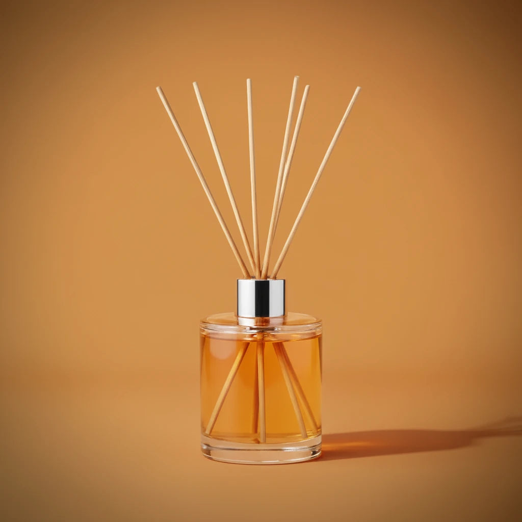 Reed diffuser with wooden sticks in a glass bottle on an orange background