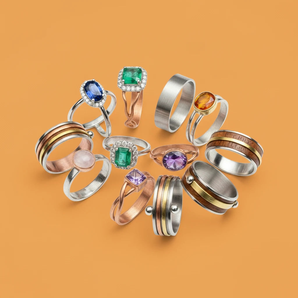 Collection of various rings with gemstones on an orange background