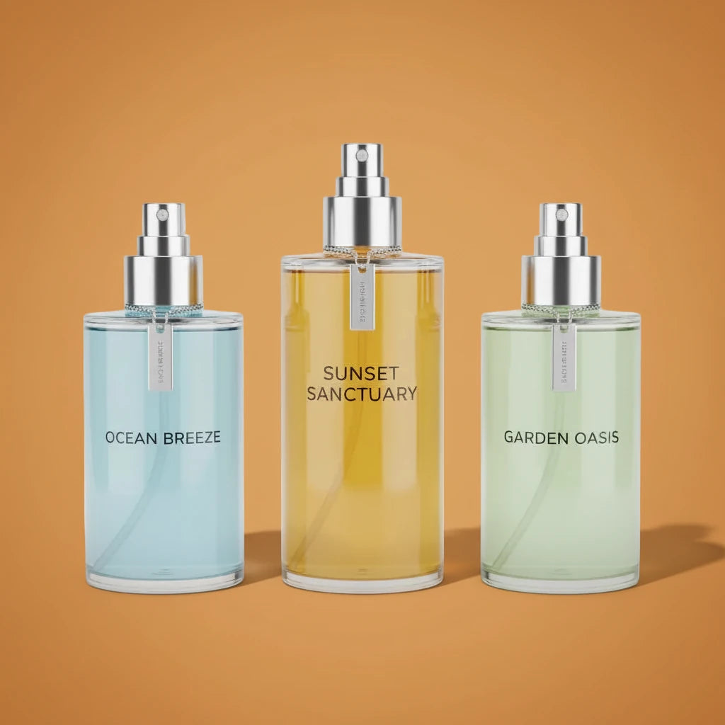 Three perfume bottles labeled 'Ocean Breeze', 'Sunset Sanctuary', and 'Garden Oasis' on an orange background.