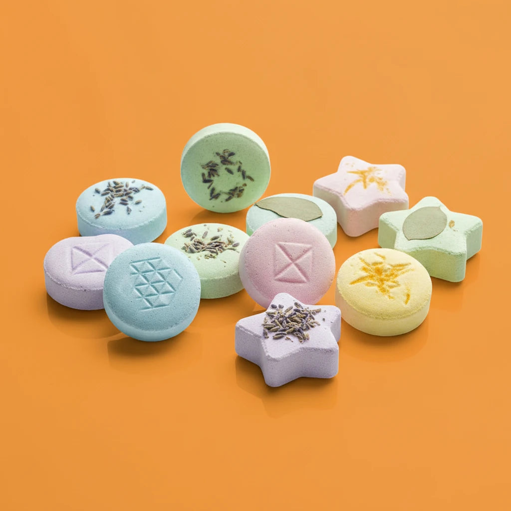 Colorful bath bombs shaped like stars and circles on an orange background
