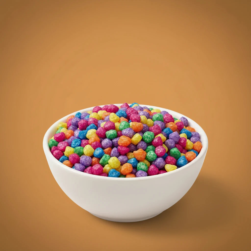 White bowl filled with colorful cereal on a brown background