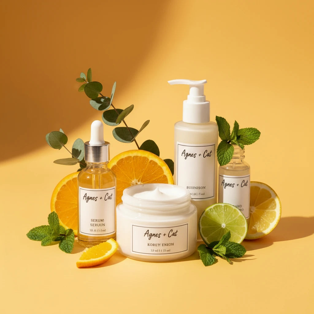 Skincare products with citrus fruits and leaves on a yellow background