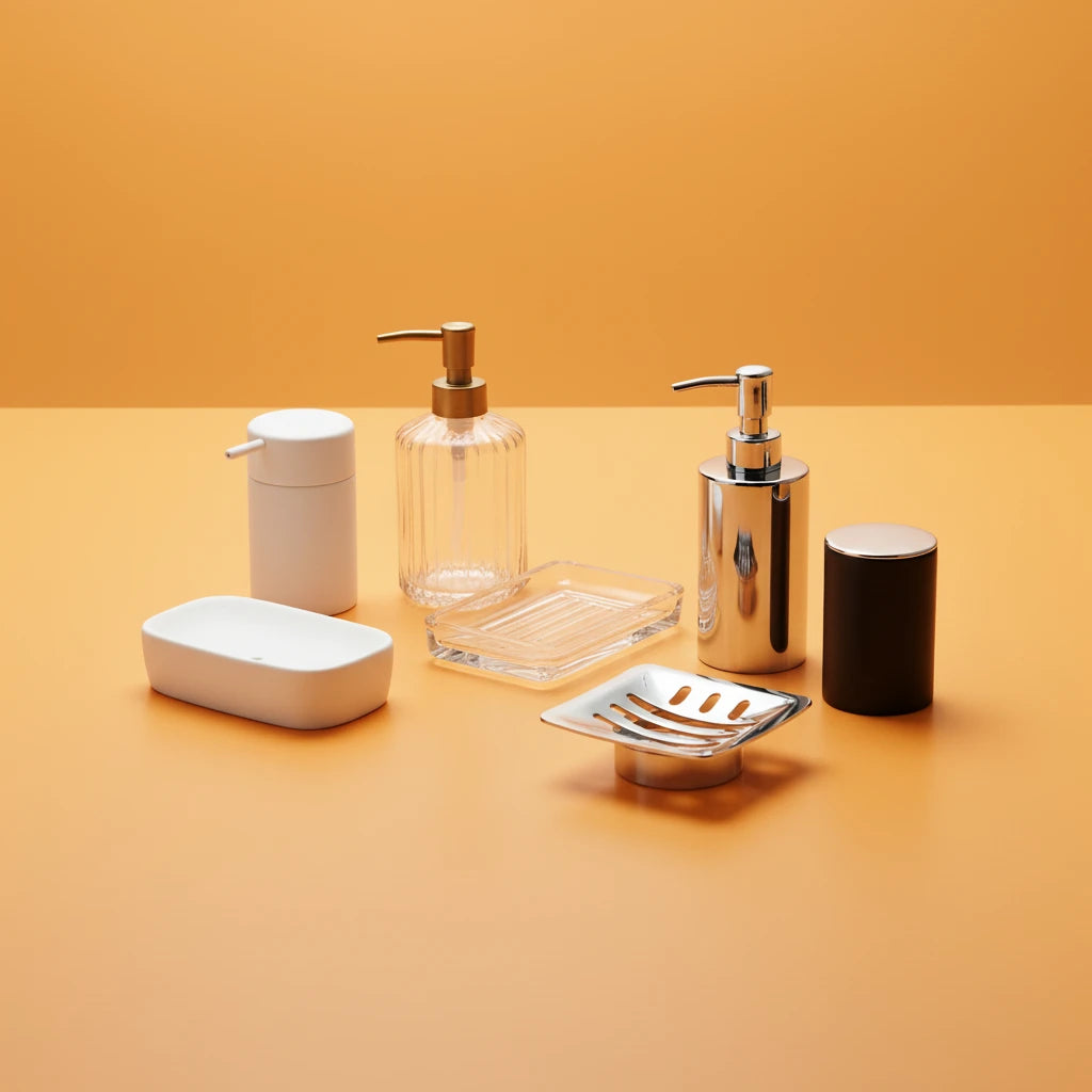 Set of bathroom accessories including soap dispensers and a soap dish on an orange background