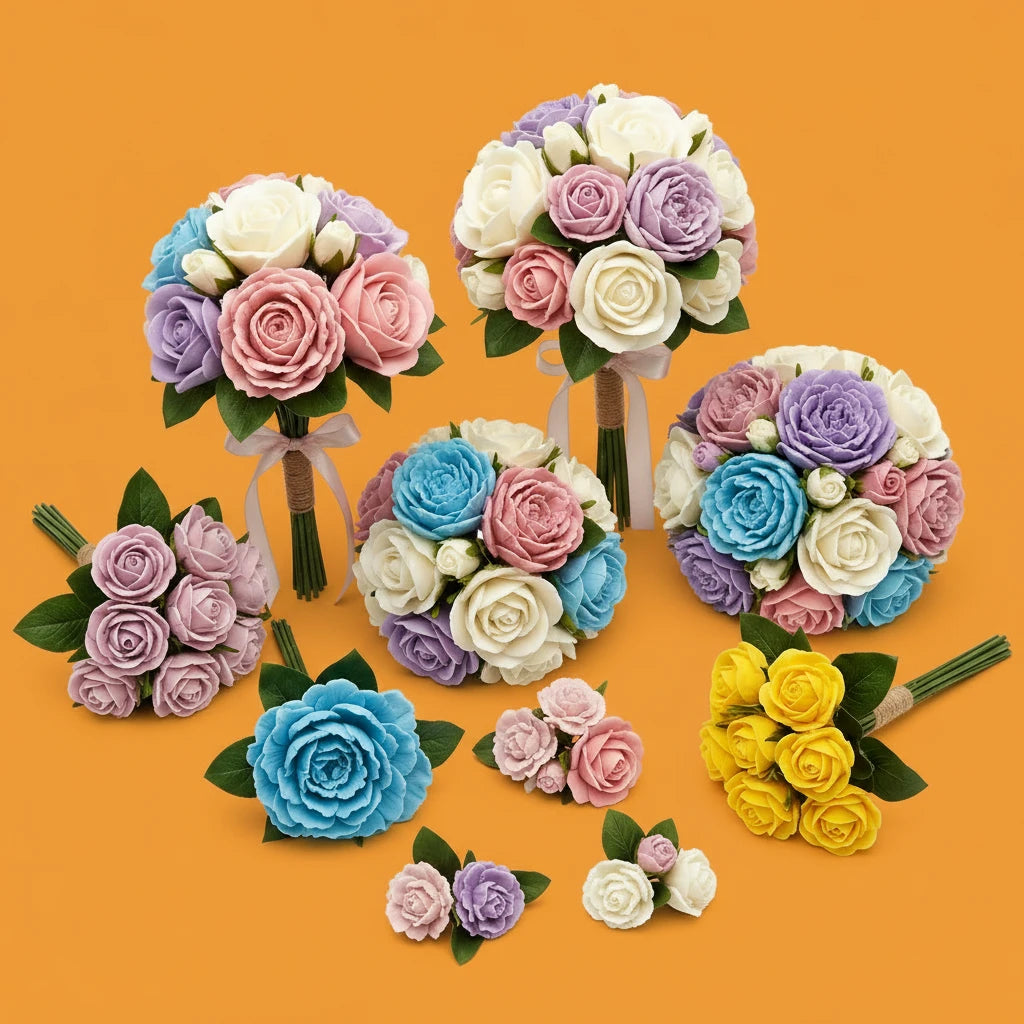Collection of colorful flower bouquets on an orange background