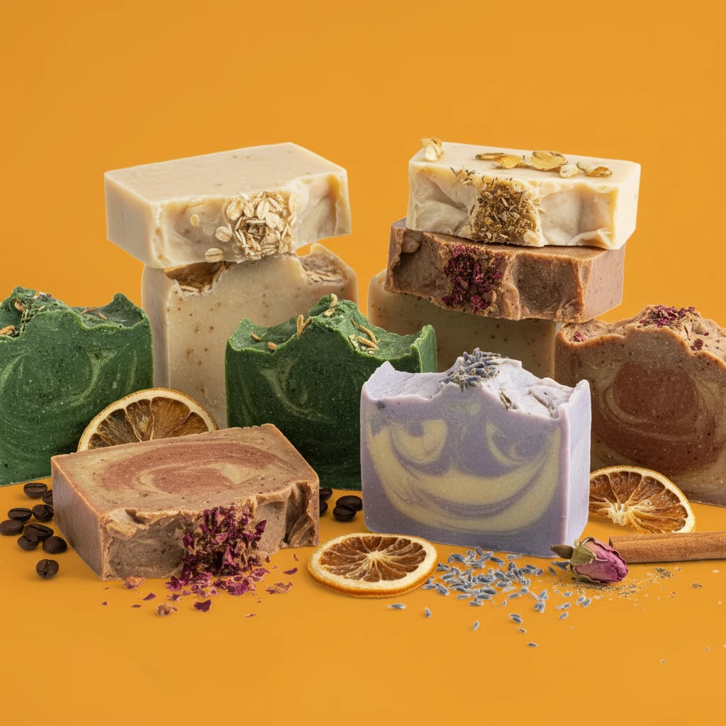 Assorted handmade soap bars with natural ingredients on an orange background