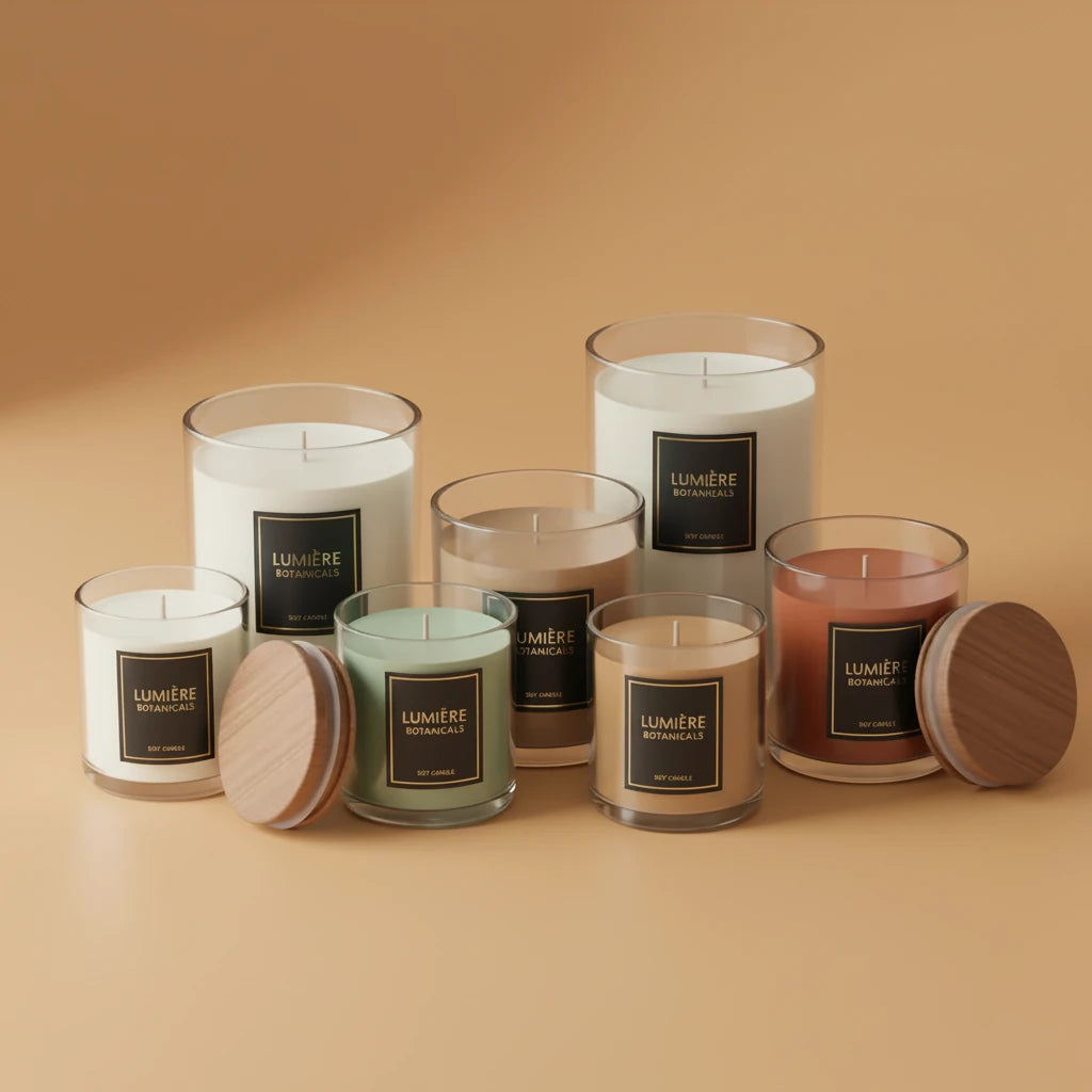 Collection of various candles with visible 'Lumère' branding on a beige background