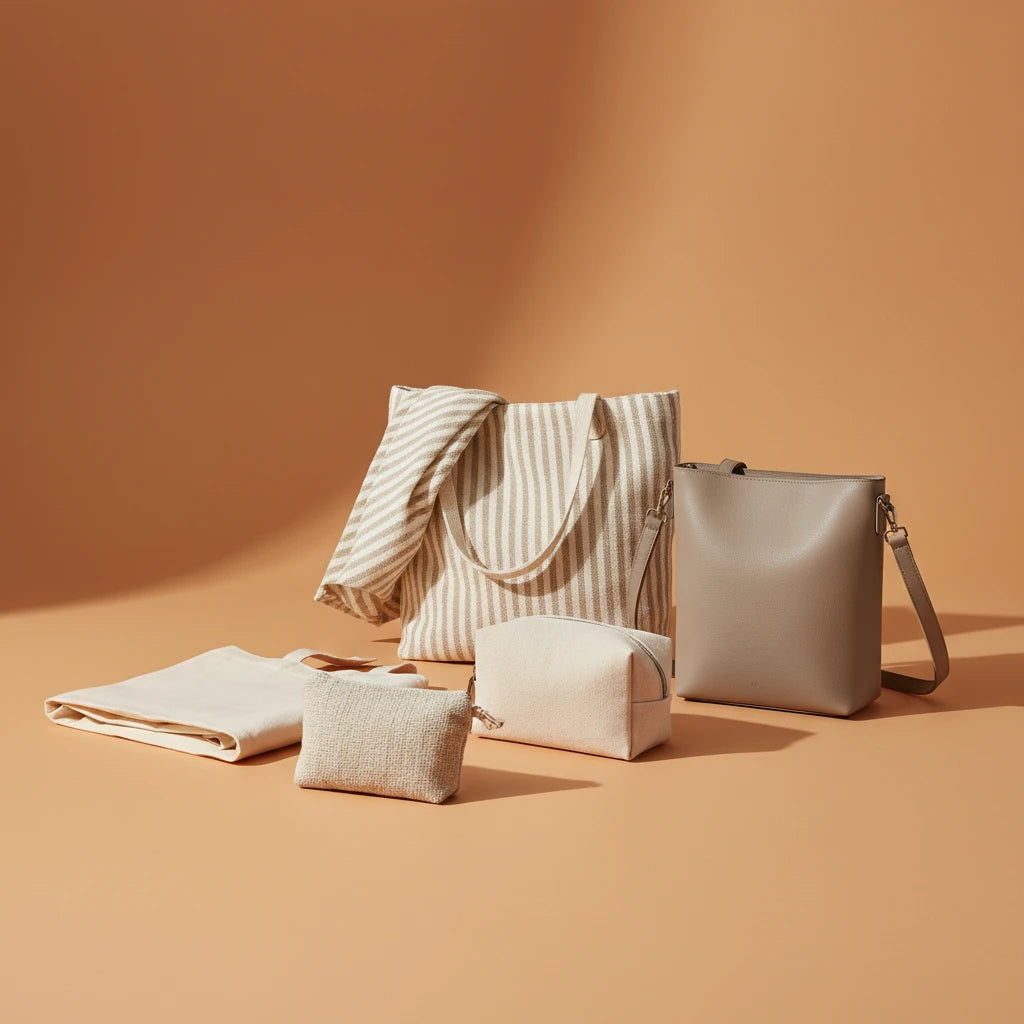 Set of beige handbags and pouches on a brown background