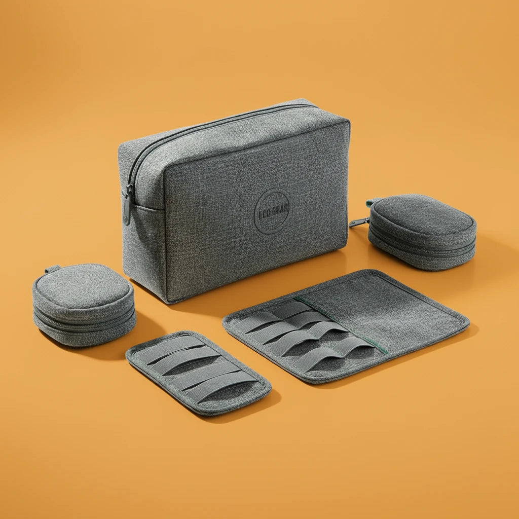 Set of gray travel accessories on an orange background