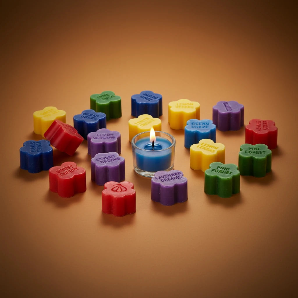 Colorful wax melts arranged around a lit candle on a brown background