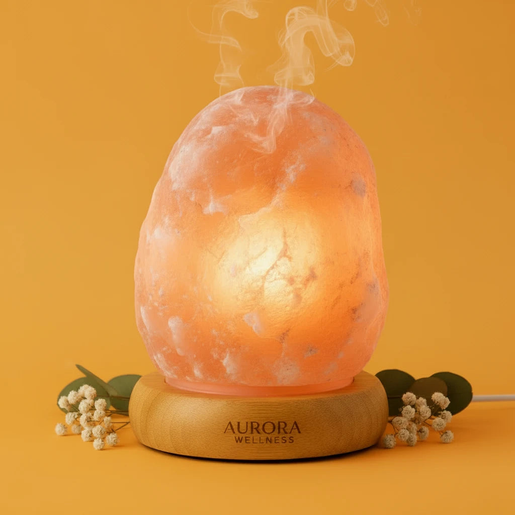 Himalayan salt lamp with wooden base on a yellow background, branded 'Aurora Wellness'.