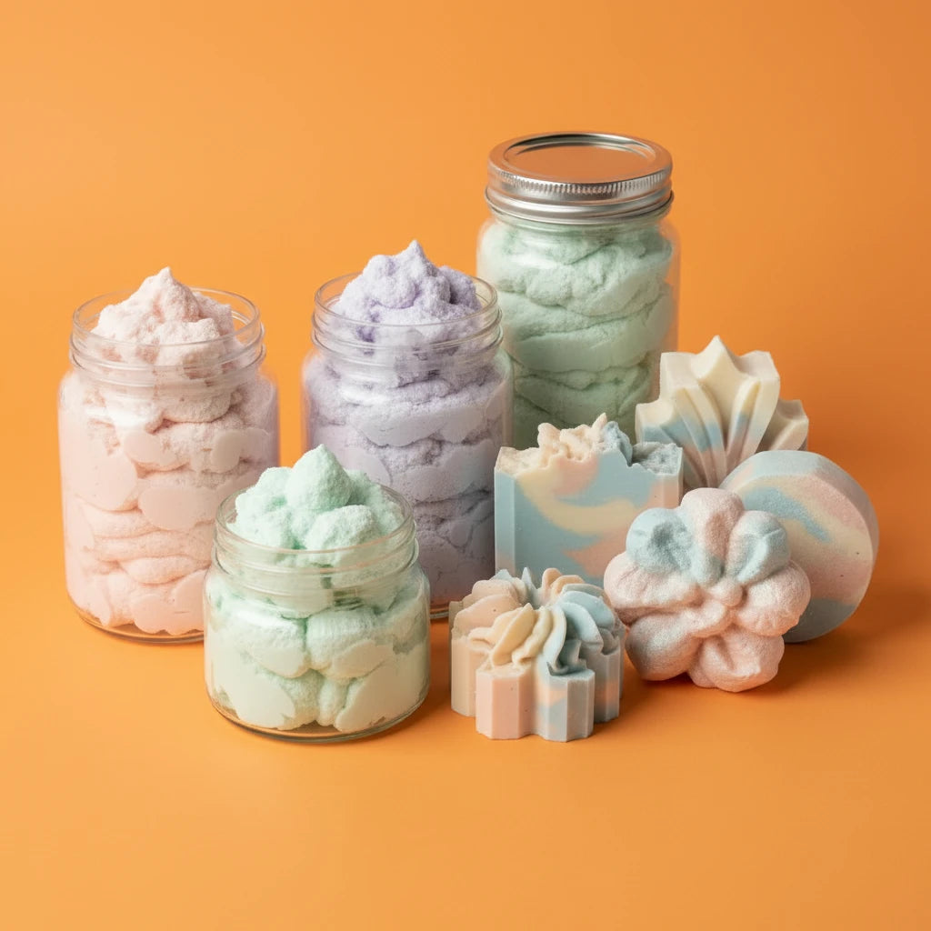 Assorted jars and soaps with pastel colors on an orange background